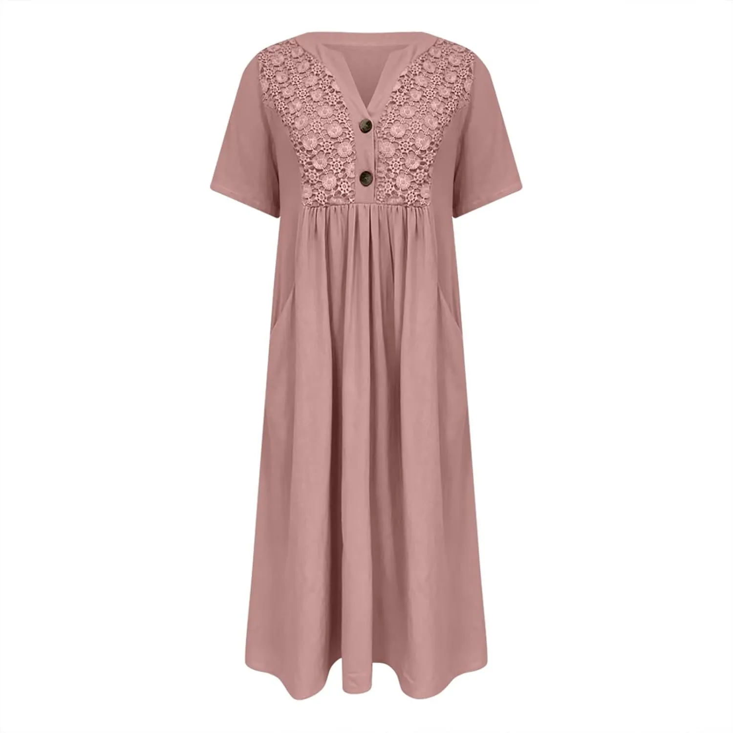 LEMONONSTORE Crochet Lace Dress for Women Button V Neck Short Sleeve Summer Dresses Casual Loose Fit Lounge Vacation Clothes