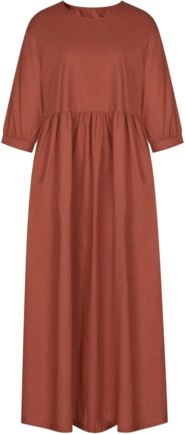 Linen 3/4 Sleeve Dress for Women Crewneck Loose Summer Dress with Pockets Boho Smocked Flowy Hem Midi T Shirt Dress
