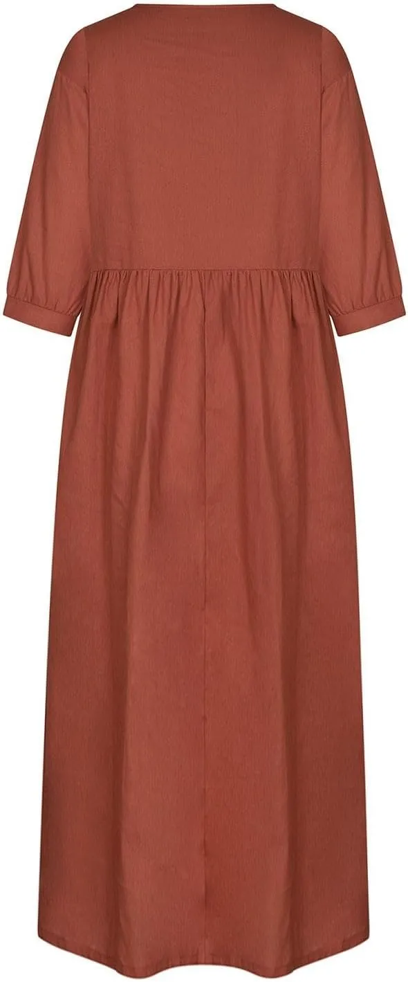 Linen 3/4 Sleeve Dress for Women Crewneck Loose Summer Dress with Pockets Boho Smocked Flowy Hem Midi T Shirt Dress