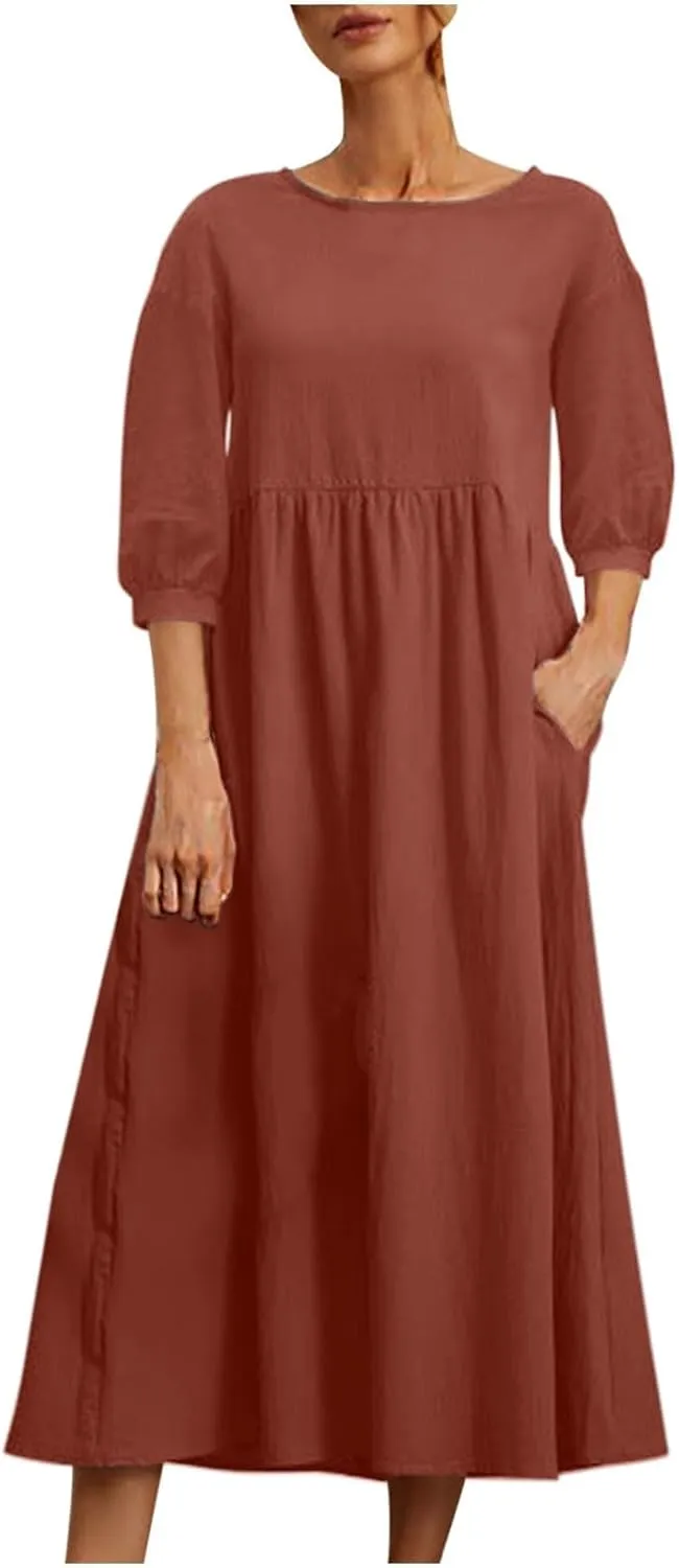 Linen 3/4 Sleeve Dress for Women Crewneck Loose Summer Dress with Pockets Boho Smocked Flowy Hem Midi T Shirt Dress