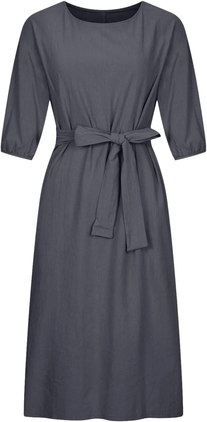 Linen Dress for Women A Line Loose Fit Midi Dresses Short Sleeve Tie Waist Summer Dress Business Casual Dresses