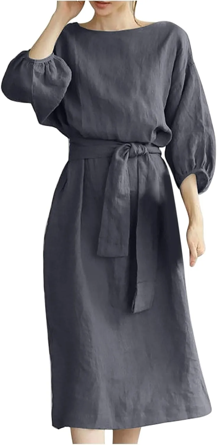 Linen Dress for Women A Line Loose Fit Midi Dresses Short Sleeve Tie Waist Summer Dress Business Casual Dresses