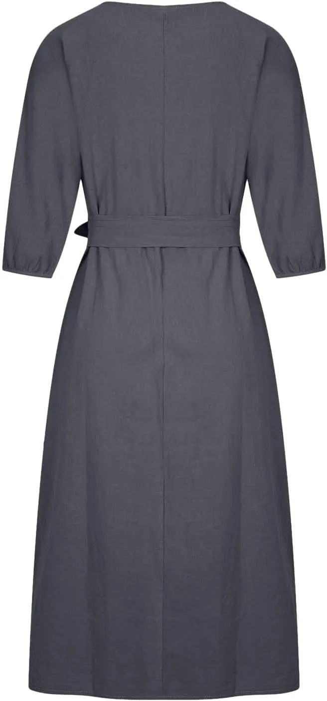 Linen Dress for Women A Line Loose Fit Midi Dresses Short Sleeve Tie Waist Summer Dress Business Casual Dresses