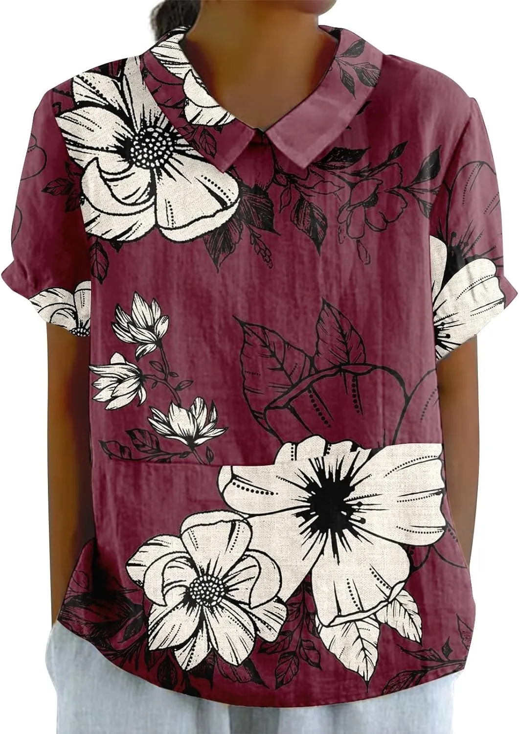 Linen Shirt Women,Summer Lightweight Short Sleeve Tunic Tshirts Lapel Collared Boho Tops Work Casual Blouses