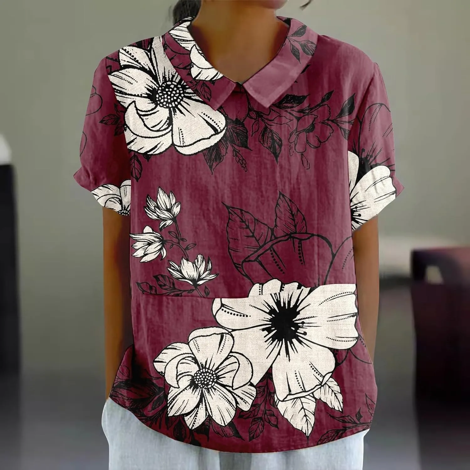 Linen Shirt Women,Summer Lightweight Short Sleeve Tunic Tshirts Lapel Collared Boho Tops Work Casual Blouses