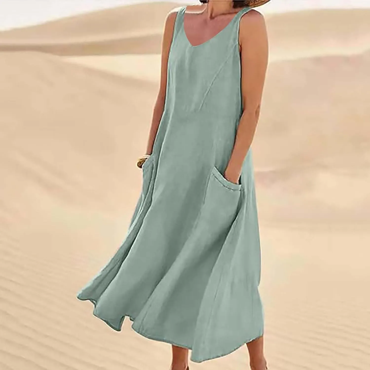 Long Dress Sleeveless Women's Summer Casual Sleeveless Long Maxi Beach Dress 100 Linen Dresses Linen Dress with