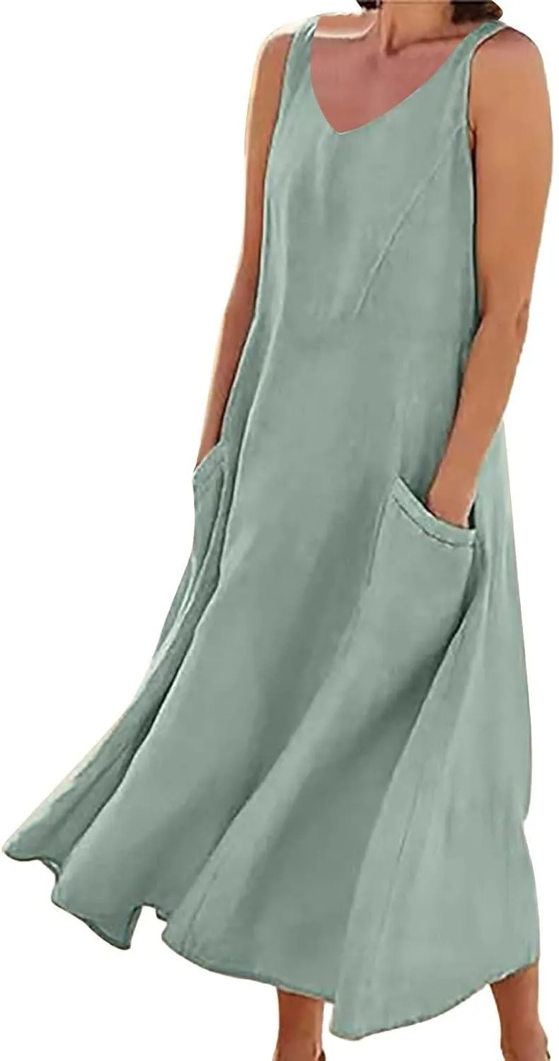 Long Dress Sleeveless Women's Summer Casual Sleeveless Long Maxi Beach Dress 100 Linen Dresses Linen Dress with