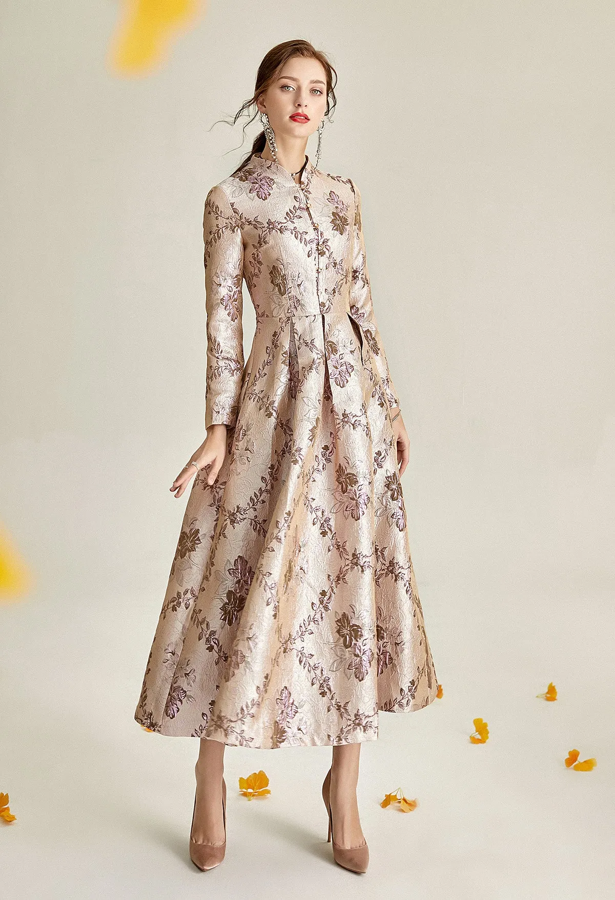 Long sleeve stand collar retro jacquard satin swing dress- Pilar