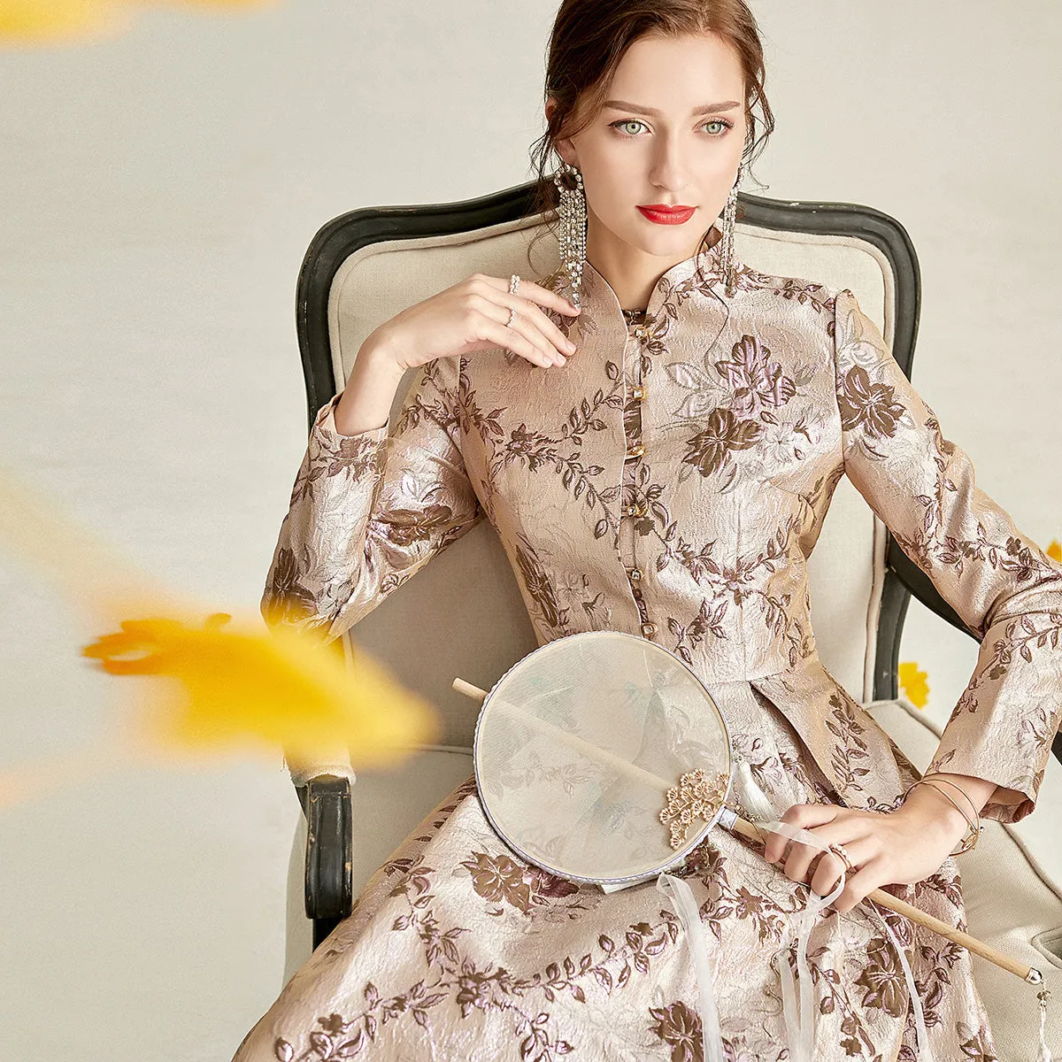 Long sleeve stand collar retro jacquard satin swing dress- Pilar