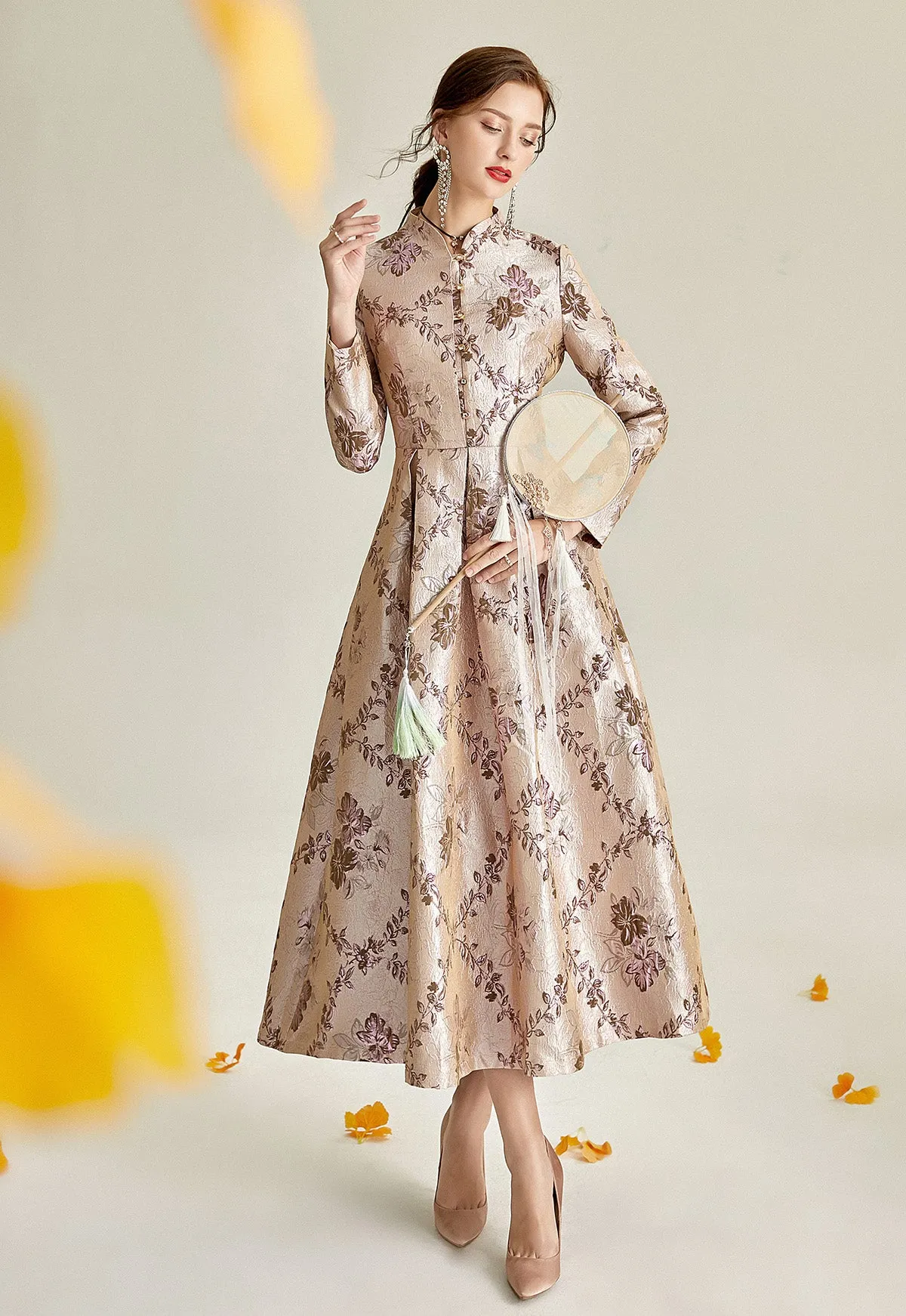 Long sleeve stand collar retro jacquard satin swing dress- Pilar