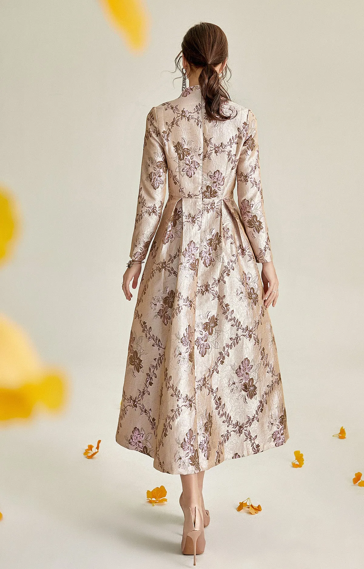 Long sleeve stand collar retro jacquard satin swing dress- Pilar
