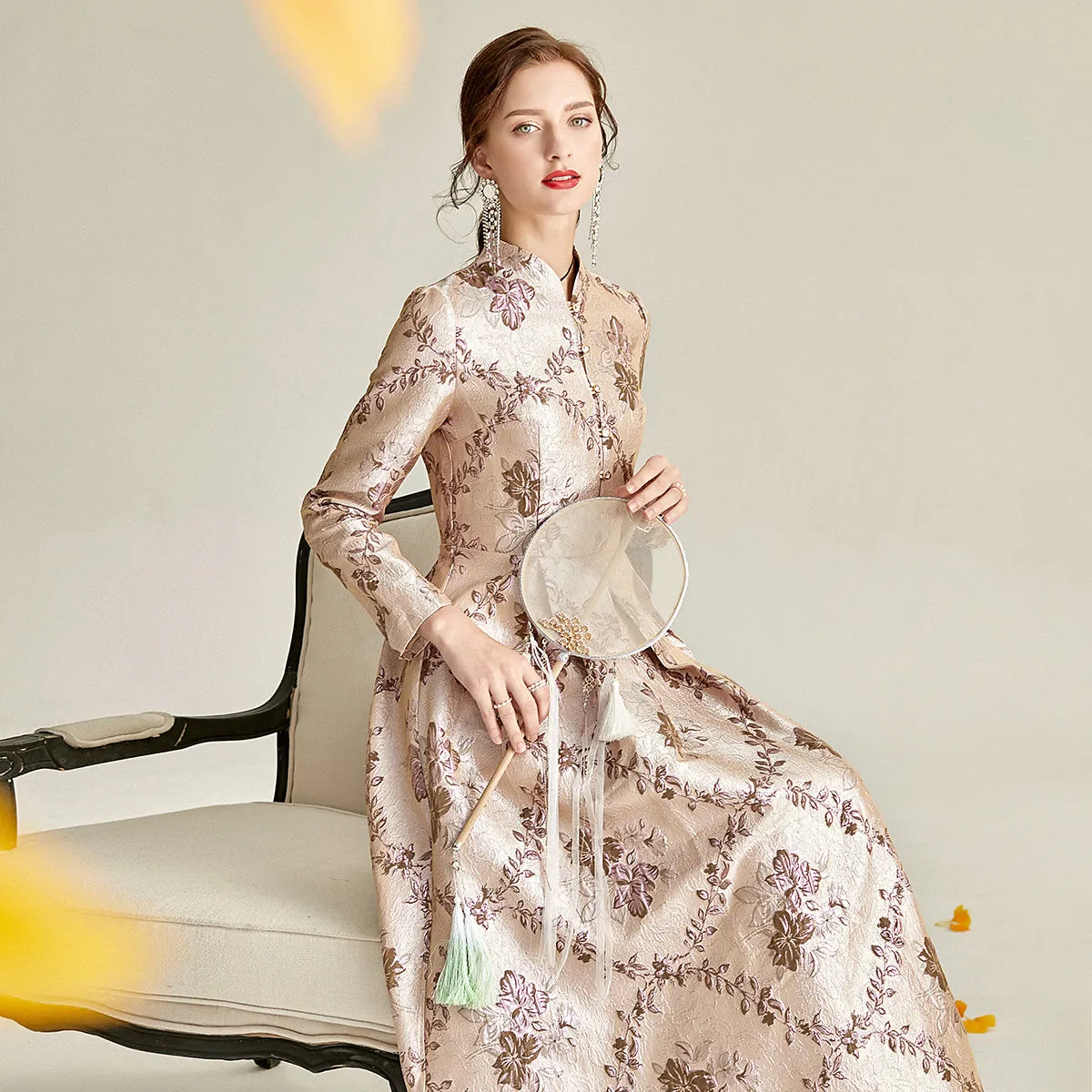 Long sleeve stand collar retro jacquard satin swing dress- Pilar