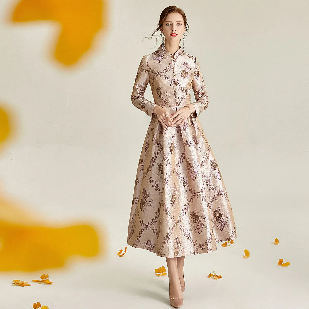 Long sleeve stand collar retro jacquard satin swing dress- Pilar
