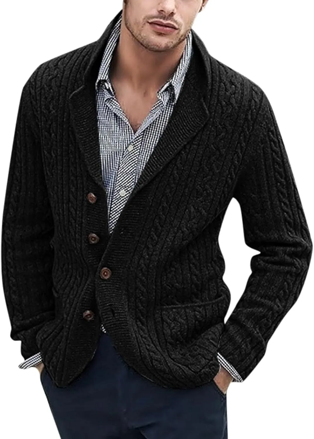 Mens Cardigan Sweater, Mens Cardigan Sweater Casual Soft Shawl Collar Cardigan Stylish Cable Knit Button Up Sweater