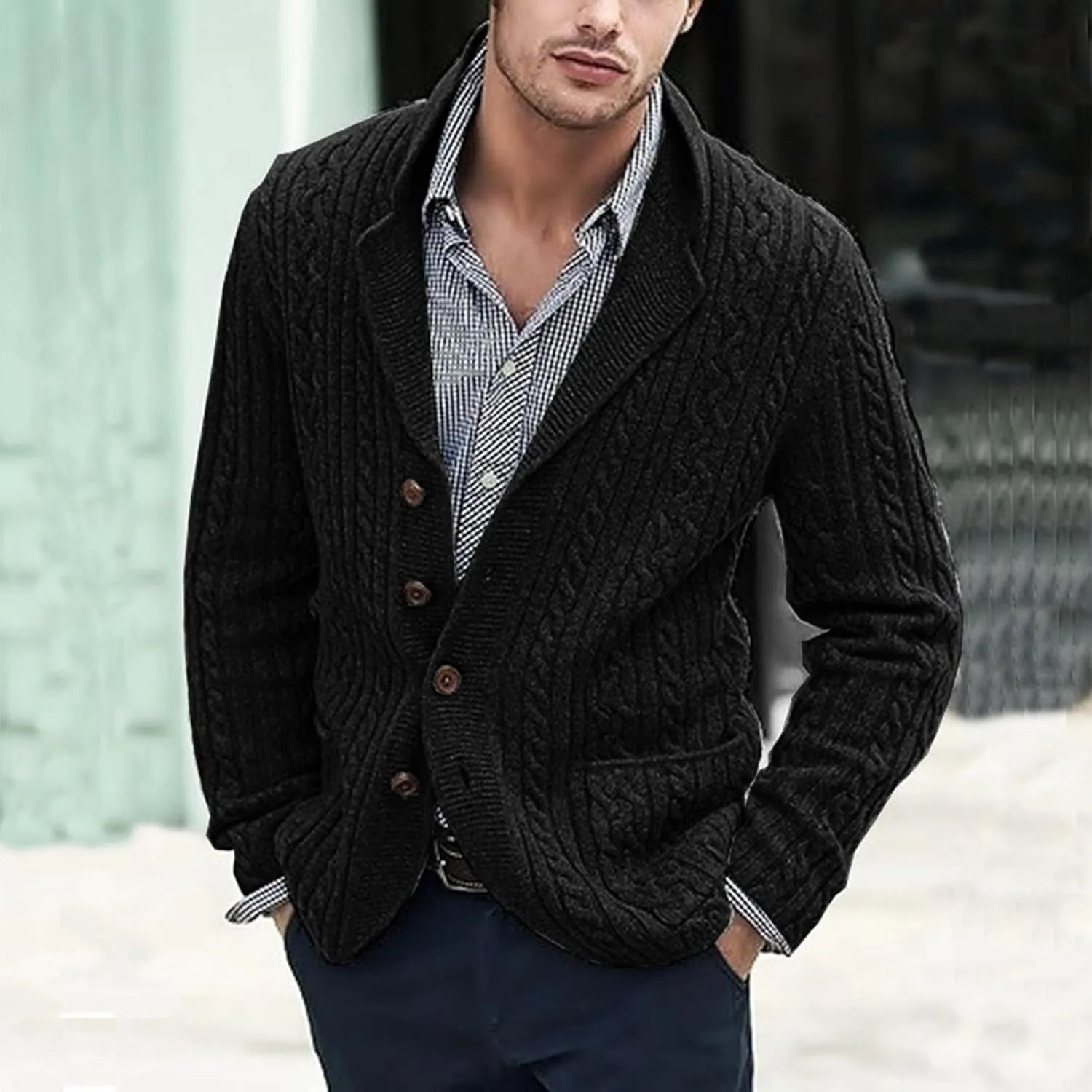 Mens Cardigan Sweater, Mens Cardigan Sweater Casual Soft Shawl Collar Cardigan Stylish Cable Knit Button Up Sweater