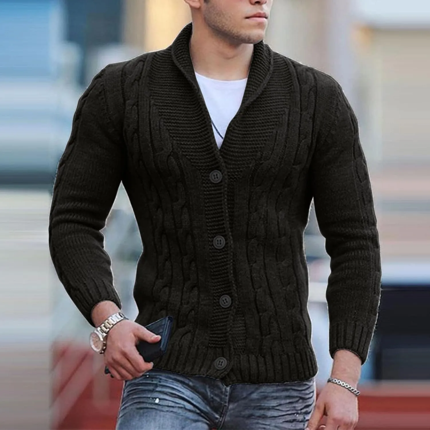 Mens Knit Cardigan Casual Loose Fit Fall Winter Coat Shawl Collar Button Down Long Sleeve Soft Warm Sweaters
