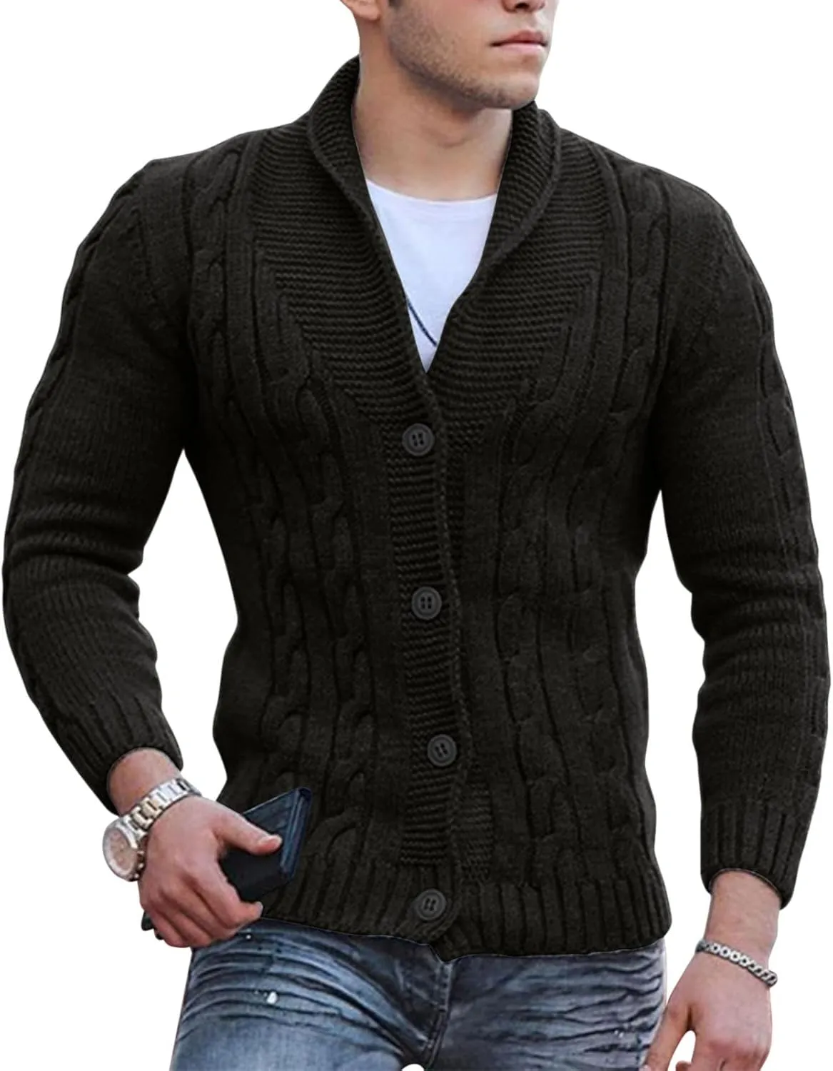Mens Knit Cardigan Casual Loose Fit Fall Winter Coat Shawl Collar Button Down Long Sleeve Soft Warm Sweaters