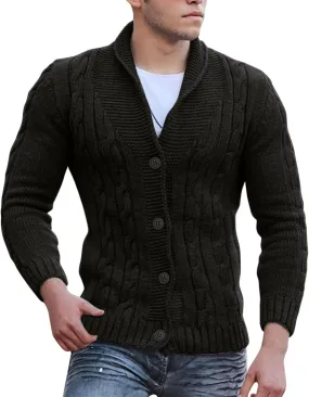 Mens Knit Cardigan Casual Loose Fit Fall Winter Coat Shawl Collar Button Down Long Sleeve Soft Warm Sweaters