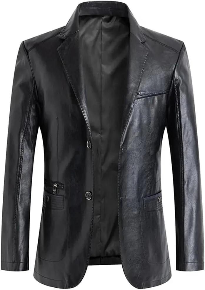 Mens Leather Blazer Jacket Classic Motorcycle Lightweight Suit Jacket PU Leather Outwear Coat