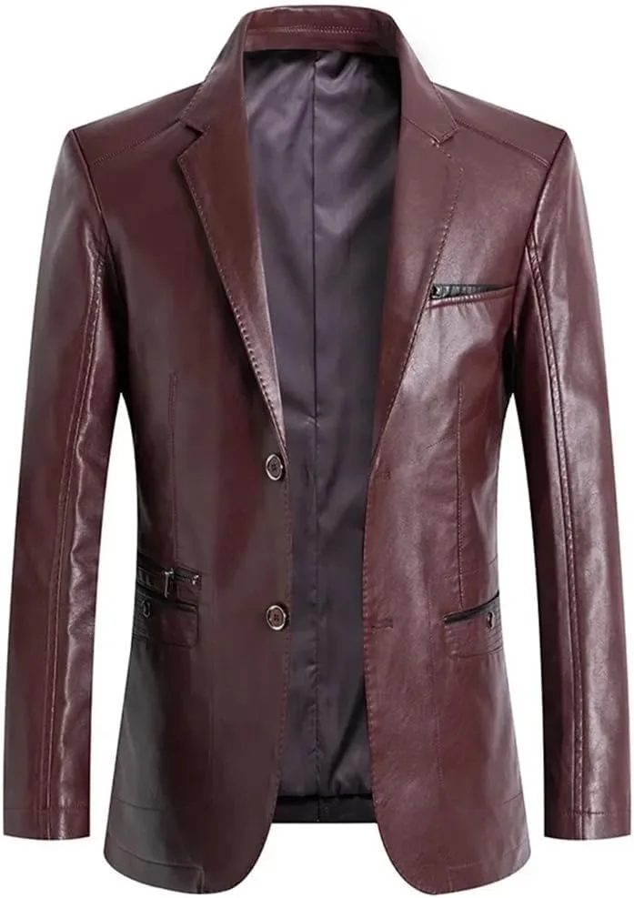 Mens Leather Blazer Jacket Classic Motorcycle Lightweight Suit Jacket PU Leather Outwear Coat