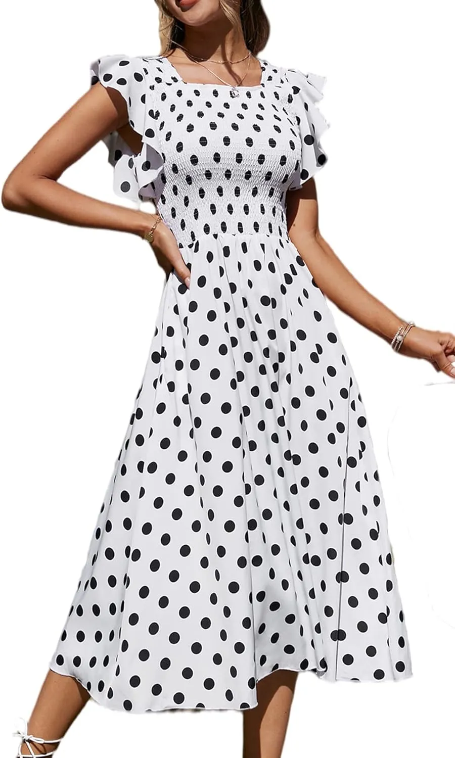 Miessial Women's Smocked Midi Dress Elegant Ruffle Cap Sleeves Polka Dot Dress White Spot 10