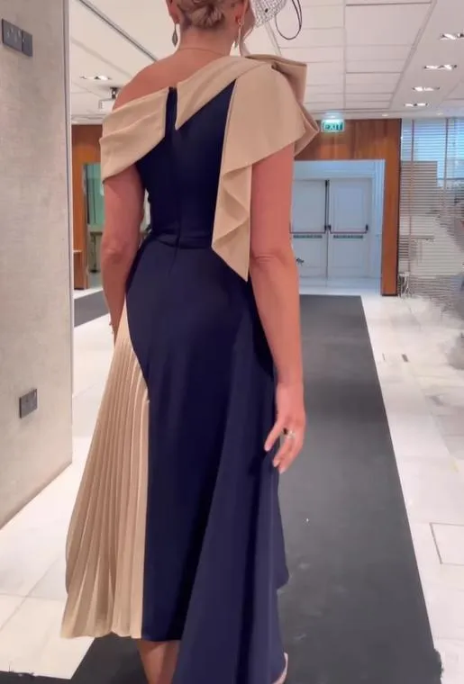 Navy&Champagne Pleated Elegant Dress