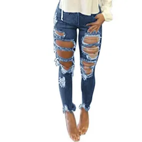 New Women's Long Jeans High Waisted Ripped Pencil Pants