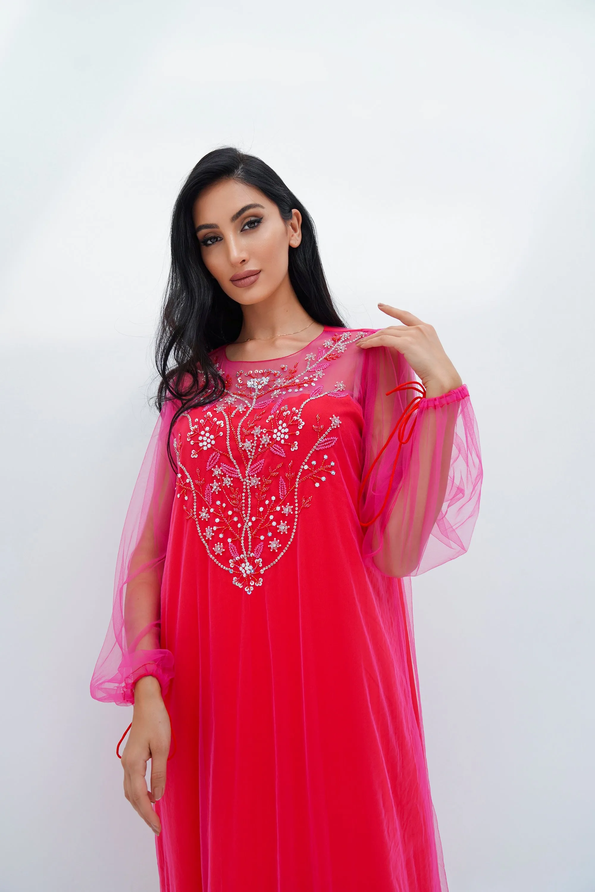 Pink Tulle & Red Crepe Embroidery Kaftan - NE-N0.22