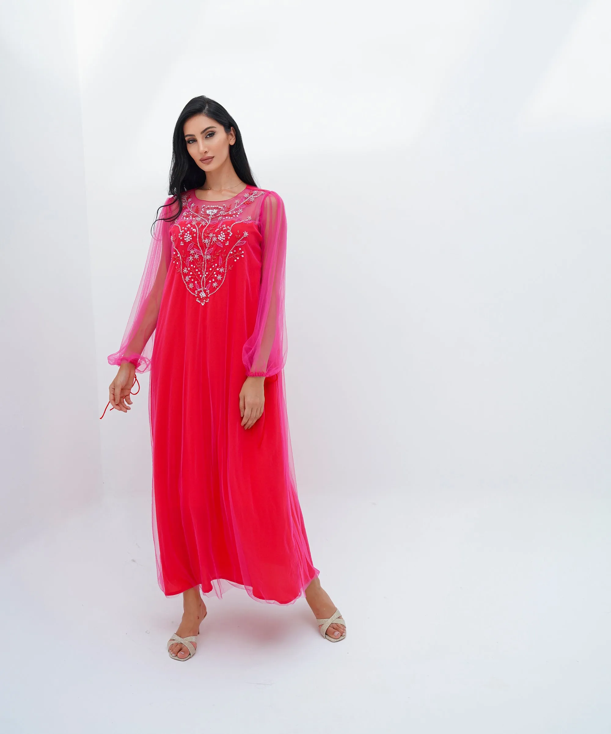 Pink Tulle & Red Crepe Embroidery Kaftan - NE-N0.22