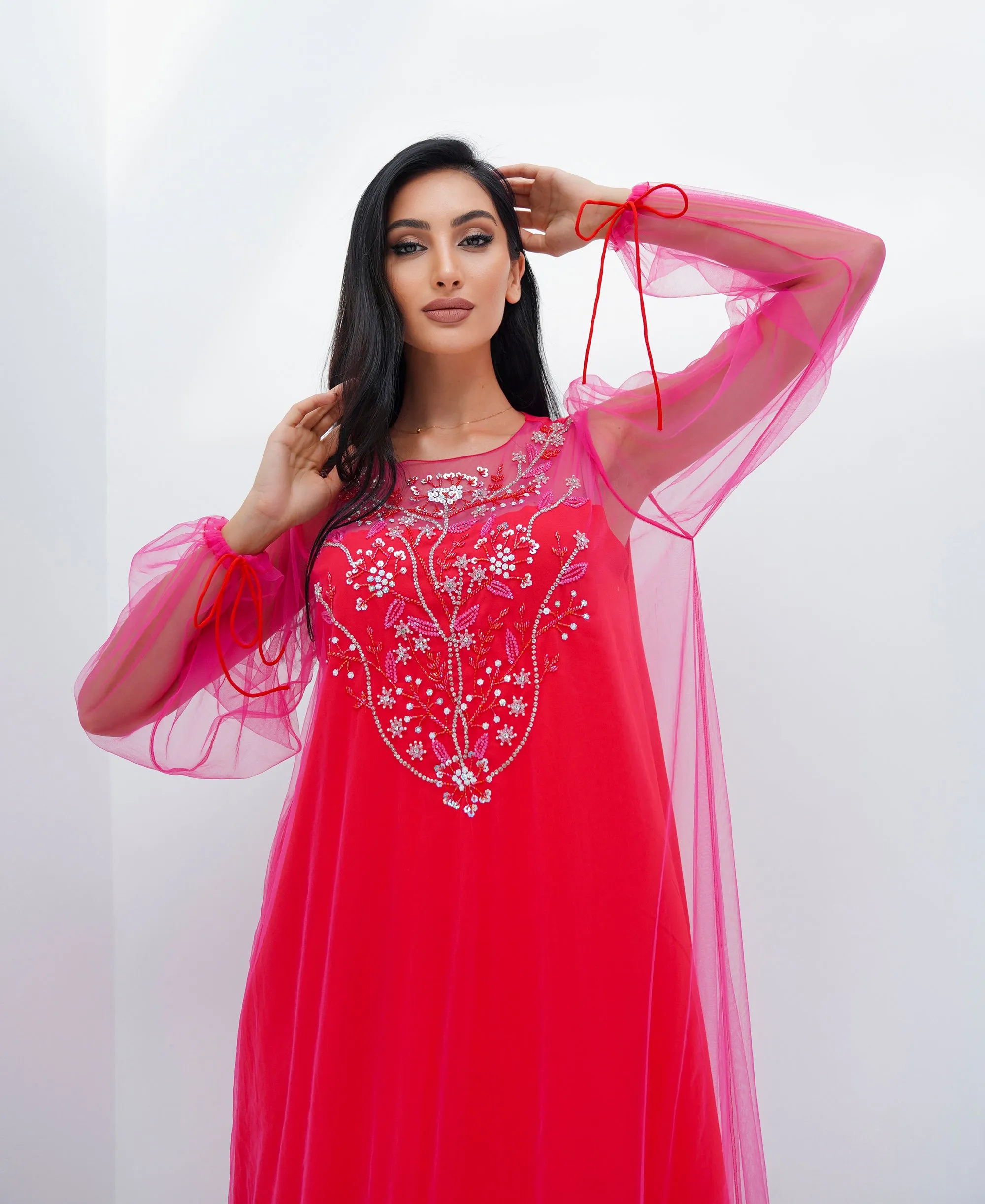 Pink Tulle & Red Crepe Embroidery Kaftan - NE-N0.22