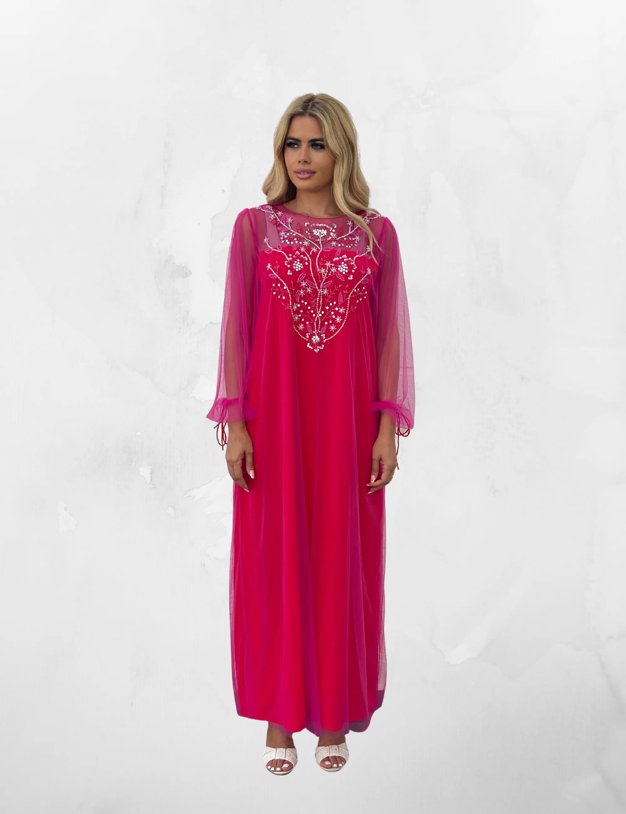 Pink Tulle & Red Crepe Embroidery Kaftan - NE-N0.22
