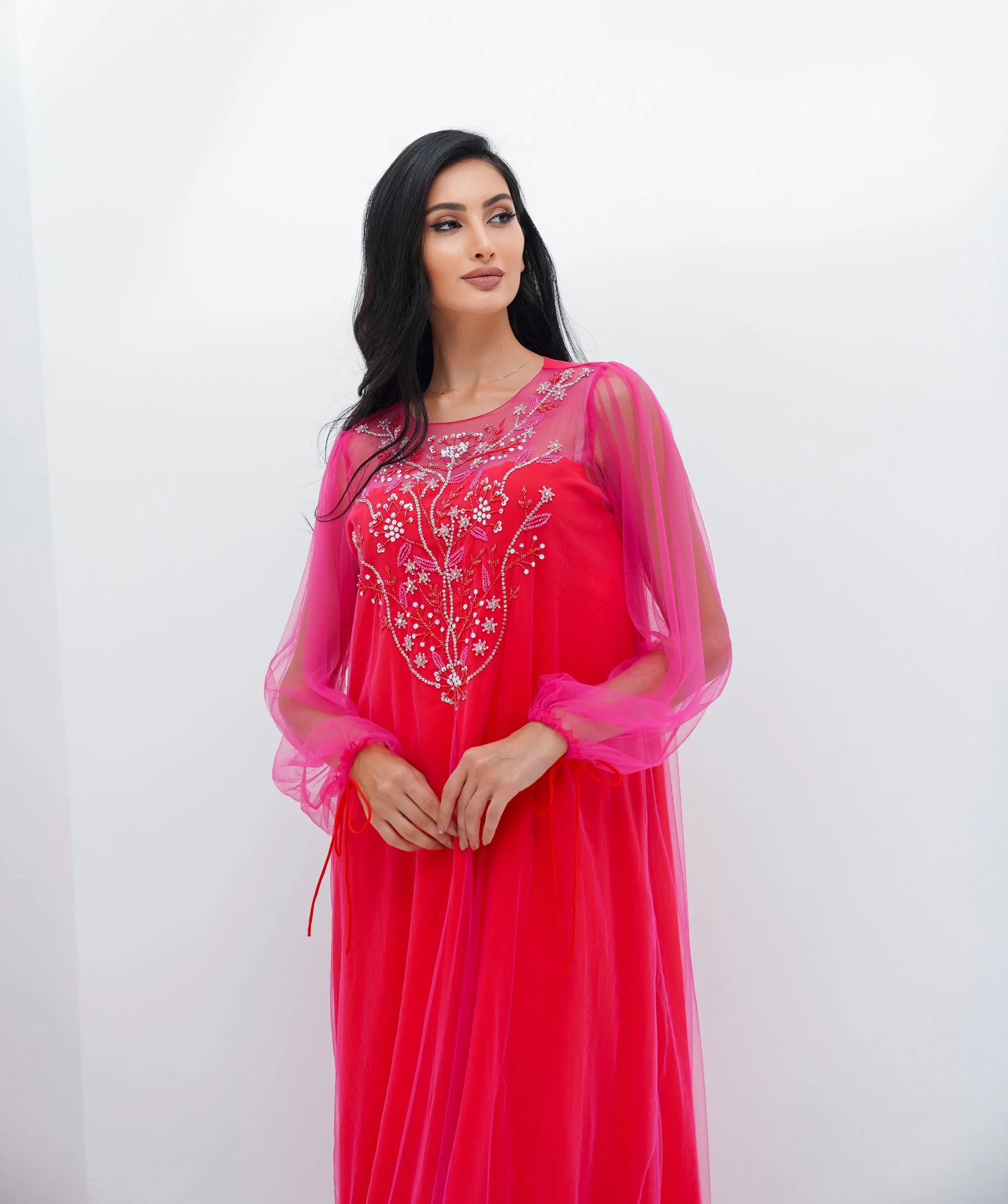 Pink Tulle & Red Crepe Embroidery Kaftan - NE-N0.22