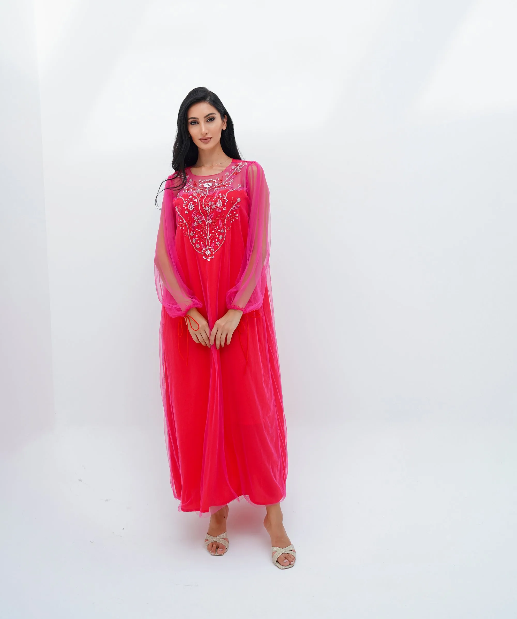 Pink Tulle & Red Crepe Embroidery Kaftan - NE-N0.22