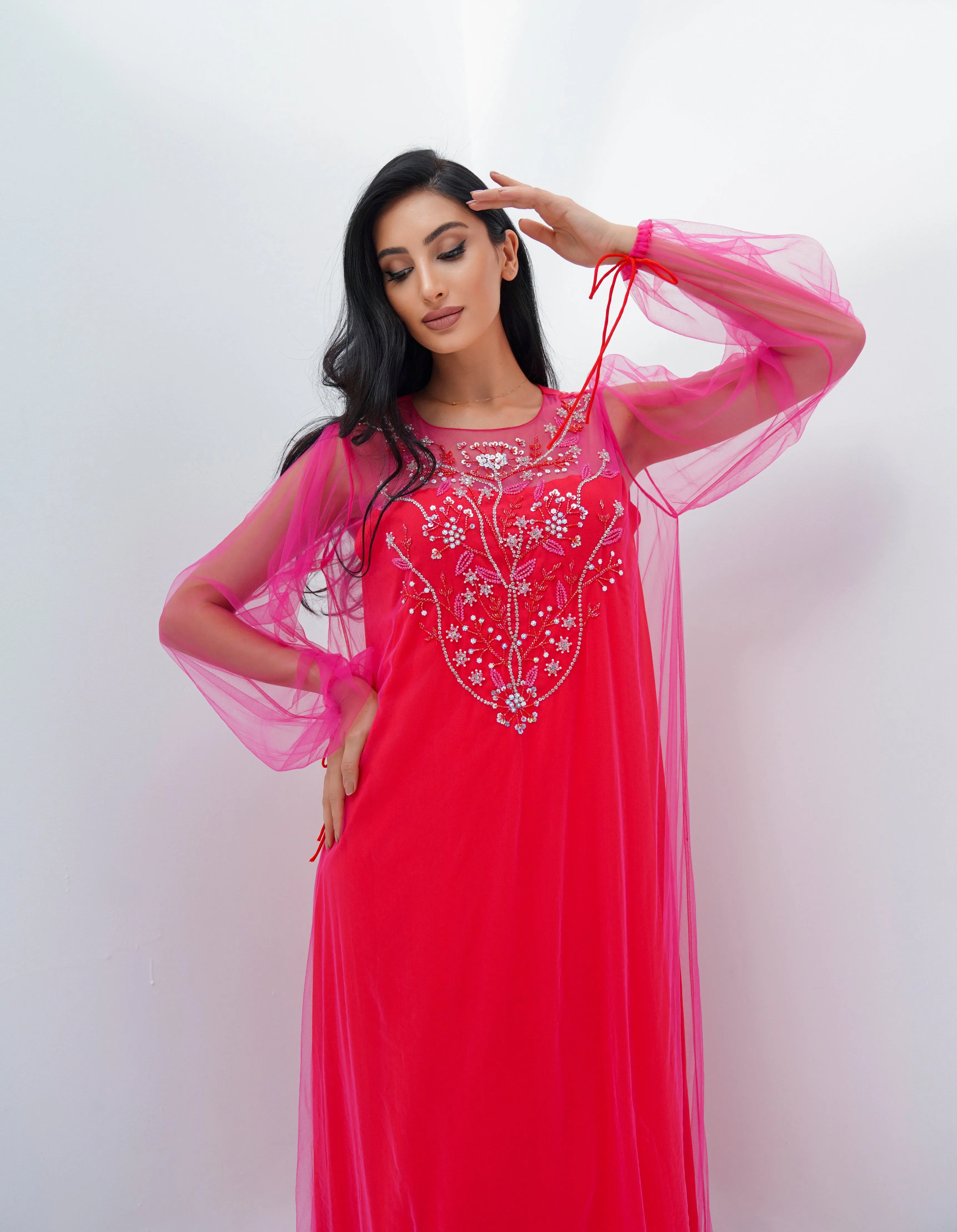 Pink Tulle & Red Crepe Embroidery Kaftan - NE-N0.22