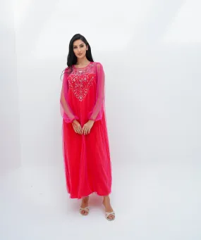 Pink Tulle & Red Crepe Embroidery Kaftan - NE-N0.22