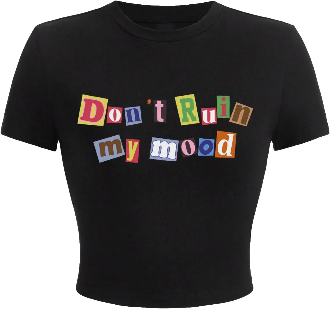 SHENHE Women's Crewneck Short Sleeve Cropped Graphic Tee Letter Print Fitted Tee