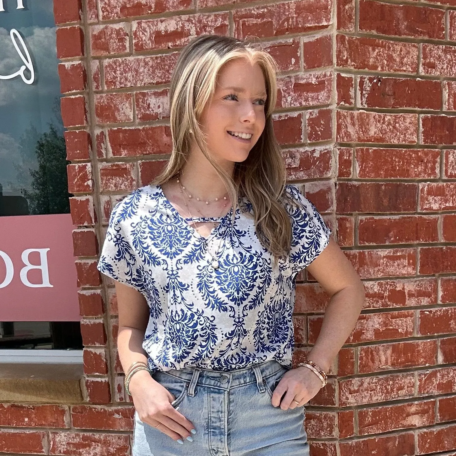 V-Neck Blue Patterned Top