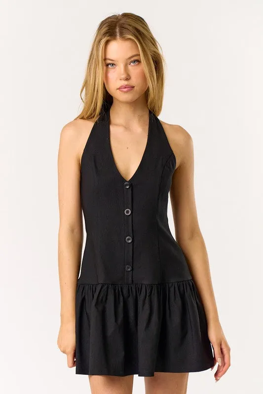 Valentina Sleeveless Halter Button Down Vest Mini Dress Black