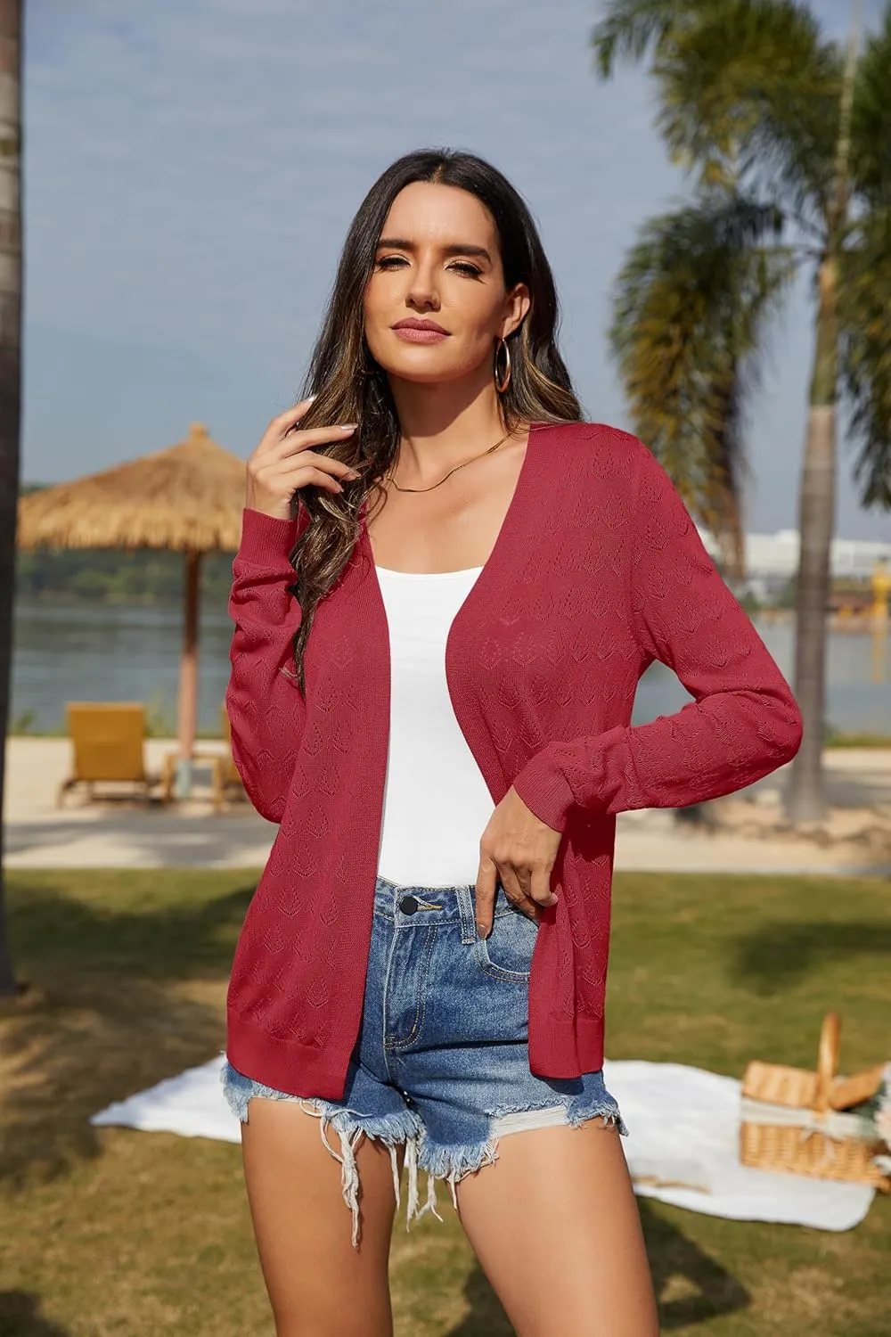 VIISHOW Women's Lightweight Crochet Knit Cardigan Open Front Long Sleeve Hollow Out Soft Shrug Sweater