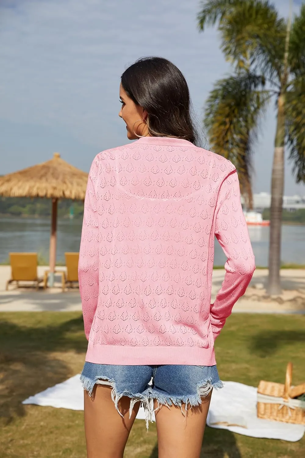 VIISHOW Women's Lightweight Crochet Knit Cardigan Open Front Long Sleeve Hollow Out Soft Shrug Sweater