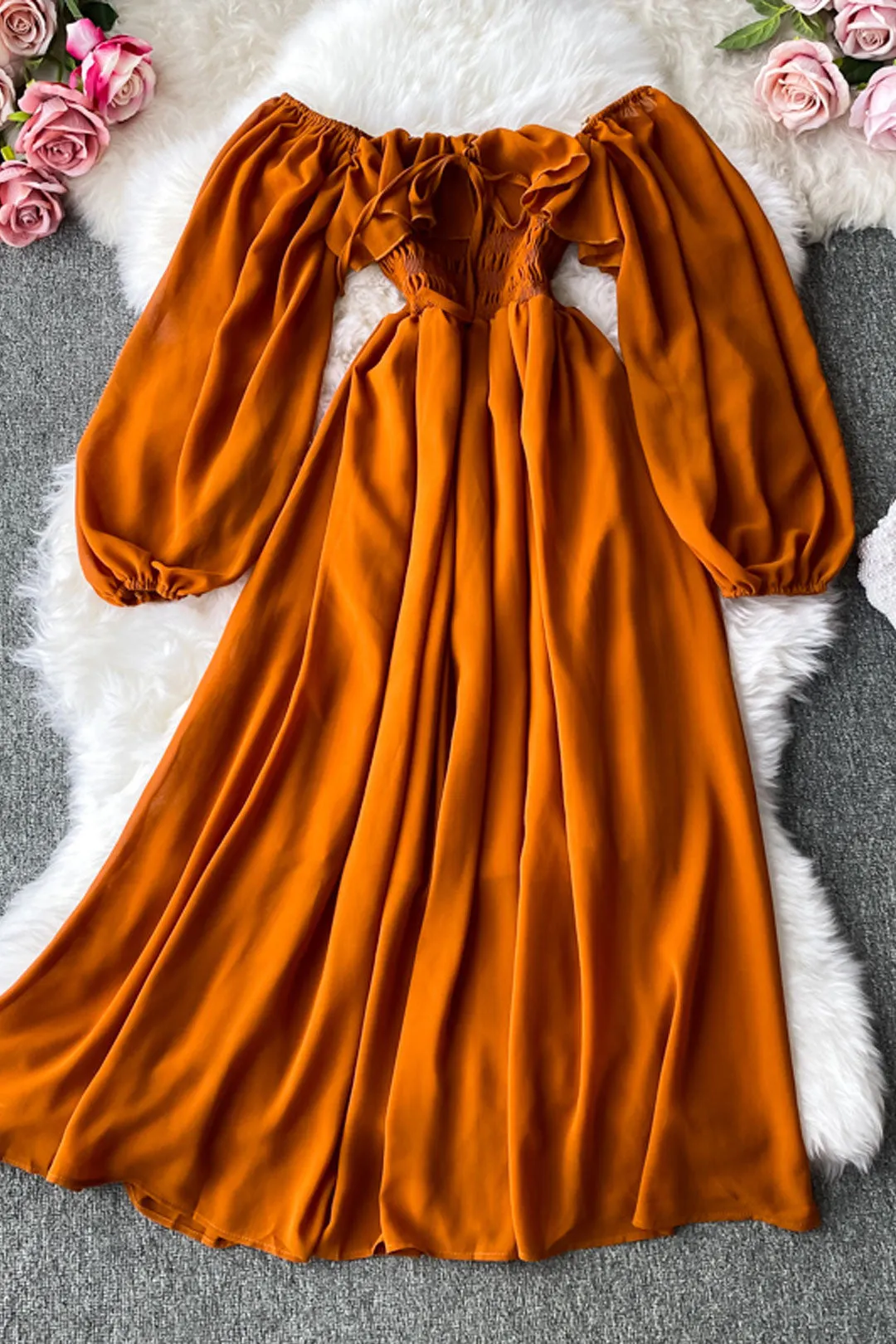 Vintage Dress, Boho Midi Dress, Dress, Smocked Dress, Honey  in Green, Pink, Orange, Yellow and Red