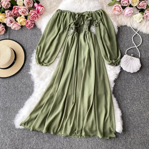 Vintage Dress, Boho Midi Dress, Dress, Smocked Dress, Honey  in Green, Pink, Orange, Yellow and Red