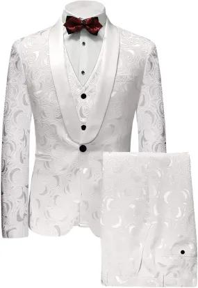 Wemaliyzd Men's 3 Pieces Jacquard Wedding Suit Classic Fit Blazer Vest Pants