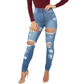Women Distressed Jeans Mid Waist Elasticity Pencil Jeans Streetwear
