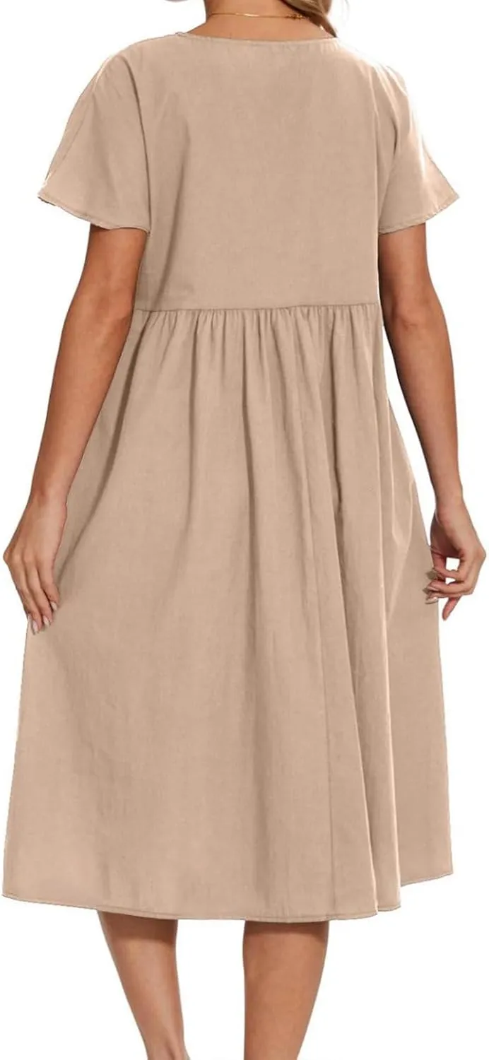 Women Oversized Casual Loose Summer Maxi Dress Linen Short Sleeve Round Neck Basic Swing Beach Midi Dress with Pocket