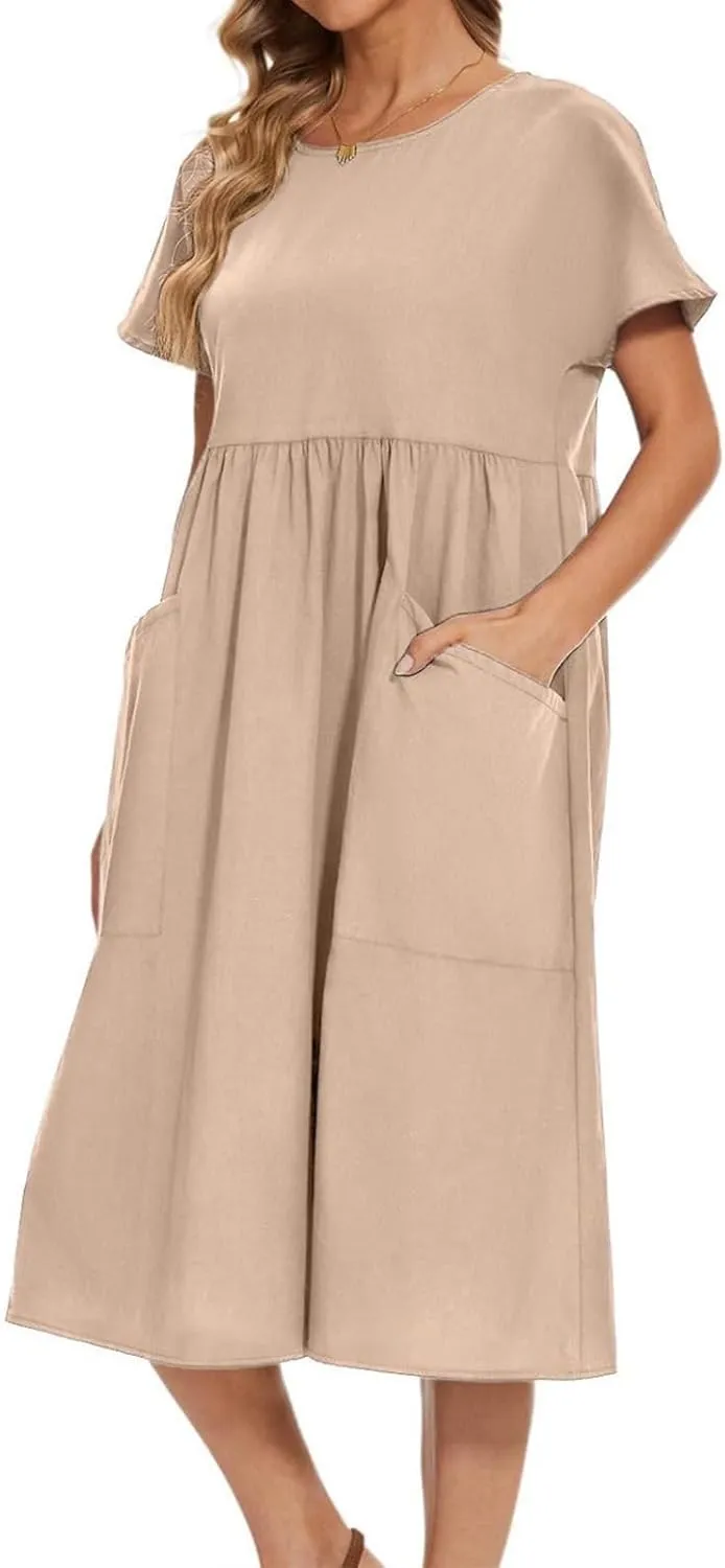 Women Oversized Casual Loose Summer Maxi Dress Linen Short Sleeve Round Neck Basic Swing Beach Midi Dress with Pocket