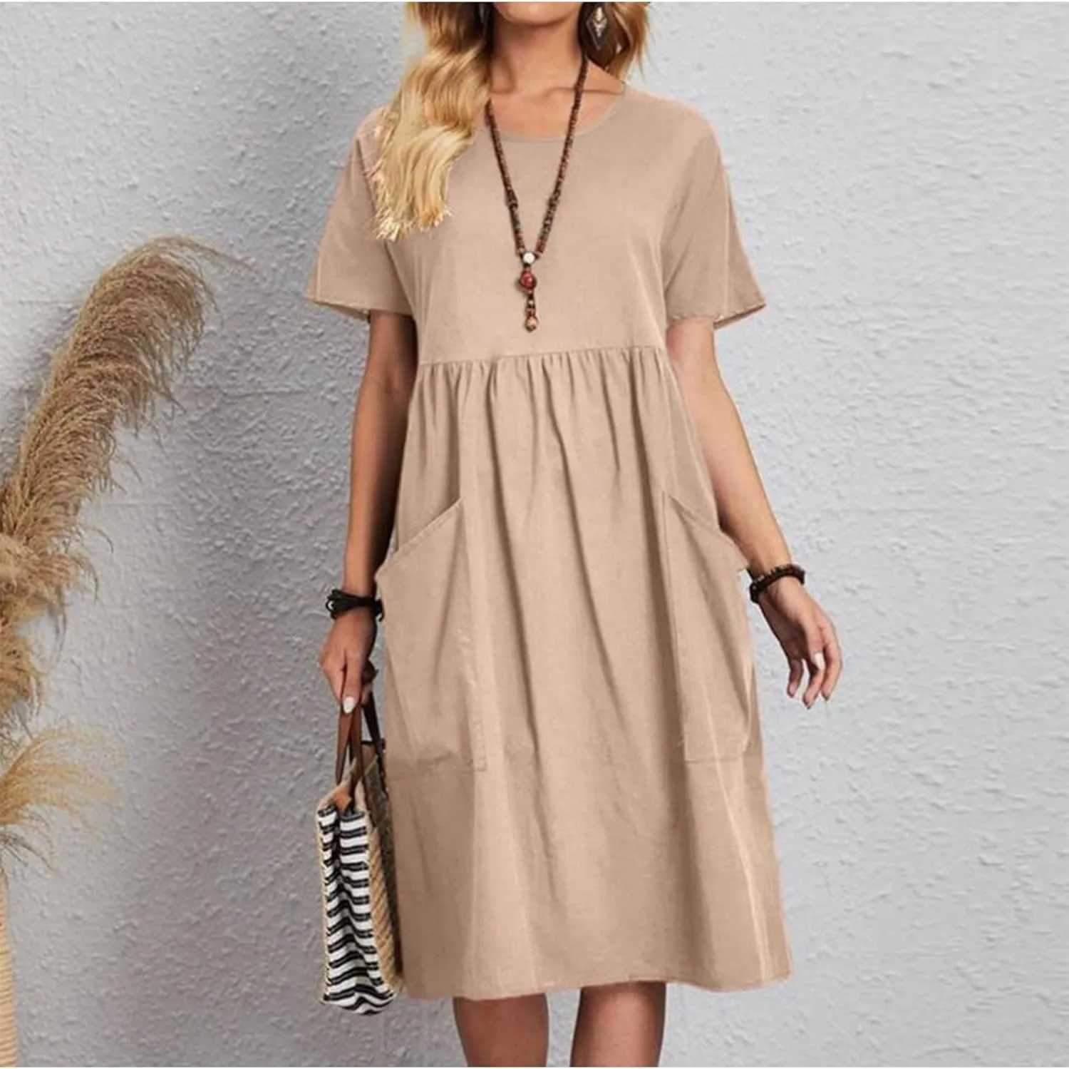 Women Oversized Casual Loose Summer Maxi Dress Linen Short Sleeve Round Neck Basic Swing Beach Midi Dress with Pocket