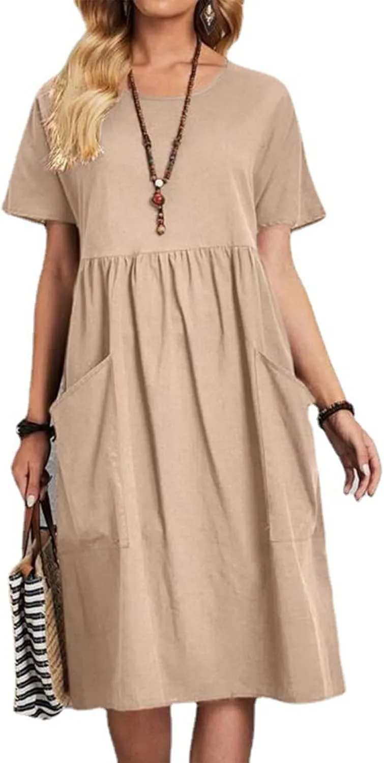 Women Oversized Casual Loose Summer Maxi Dress Linen Short Sleeve Round Neck Basic Swing Beach Midi Dress with Pocket