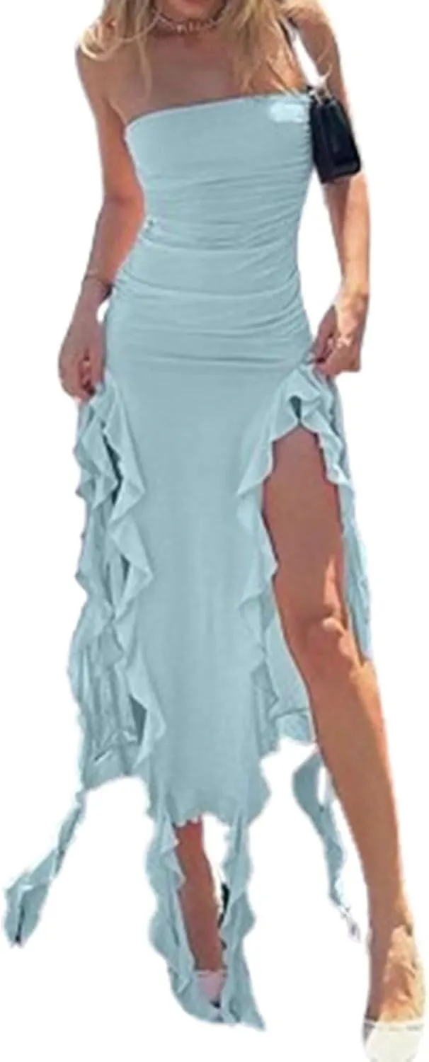 Women Sexy Strapless Ruffle Dress Ruched Split Thigh Asymmetric Bodycon Y2K Dress