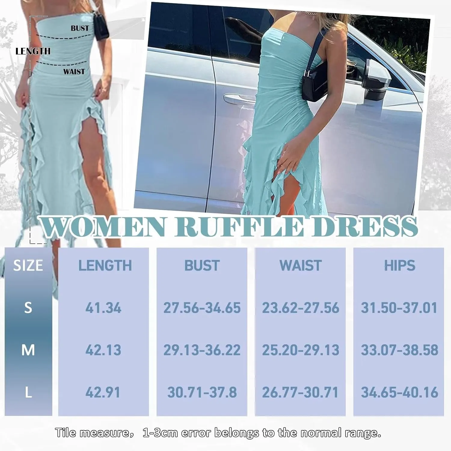 Women Sexy Strapless Ruffle Dress Ruched Split Thigh Asymmetric Bodycon Y2K Dress